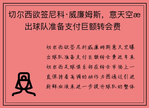 切尔西欲签尼科·威廉姆斯，意天空曝出球队准备支付巨额转会费