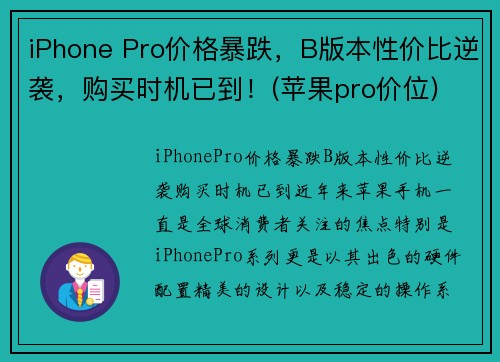 iPhone Pro价格暴跌，B版本性价比逆袭，购买时机已到！(苹果pro价位)