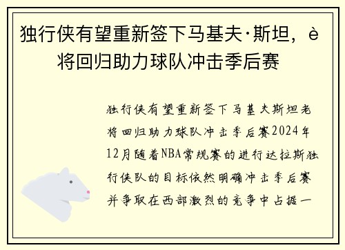 独行侠有望重新签下马基夫·斯坦，老将回归助力球队冲击季后赛