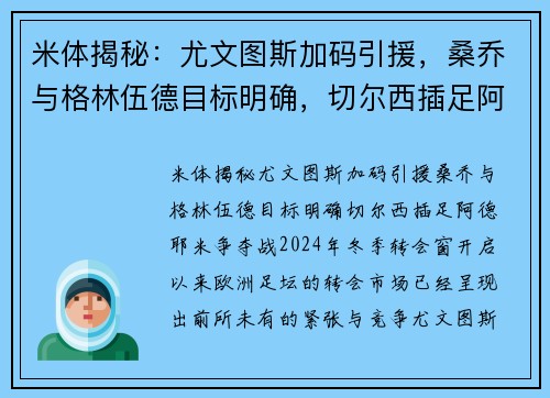 米体揭秘：尤文图斯加码引援，桑乔与格林伍德目标明确，切尔西插足阿德耶米争夺战