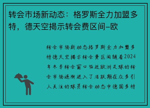 转会市场新动态：格罗斯全力加盟多特，德天空揭示转会费区间-欧